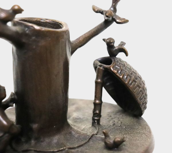Signed Japanese Bronze Pen Stand with Child and Sparrow, Takaoka Casting