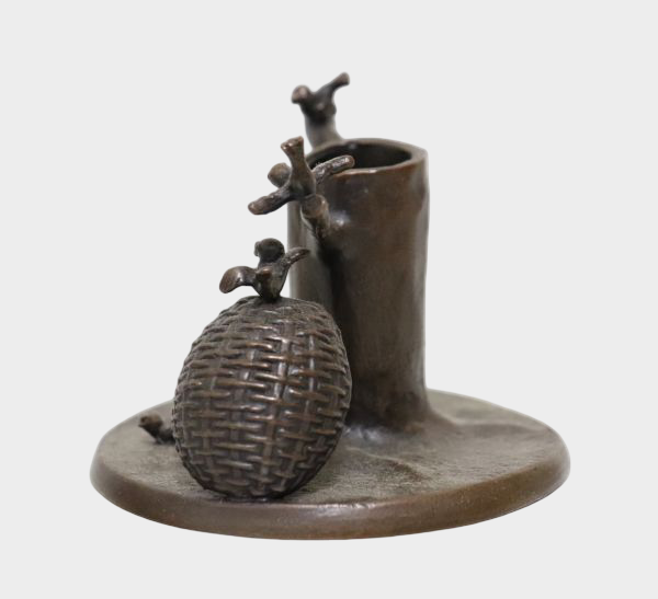 Signed Japanese Bronze Pen Stand with Child and Sparrow, Takaoka Casting