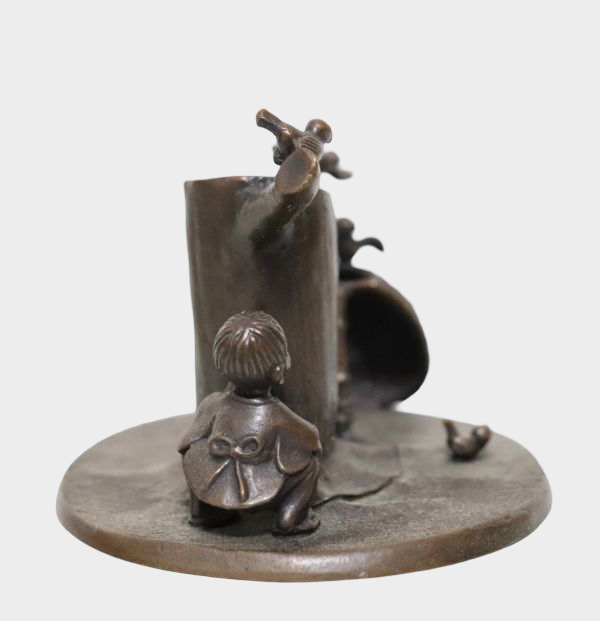 Signed Japanese Bronze Pen Stand with Child and Sparrow, Takaoka Casting