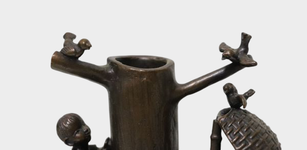 Signed Japanese Bronze Pen Stand with Child and Sparrow, Takaoka Casting