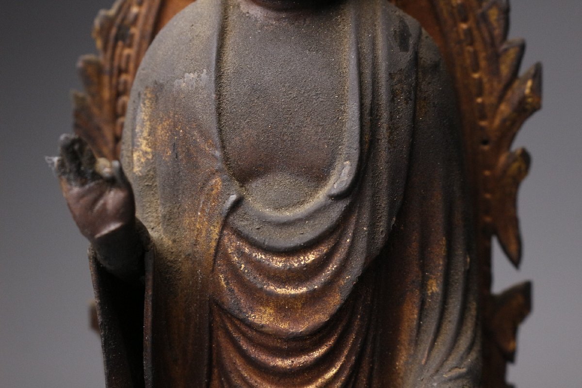 Showa-Era Gilt Wood Standing Amida Buddha in Zushi Shrine — 31.5 cm — Japanese Buddhist Sculpture with Lacquered Gilt Cabinet