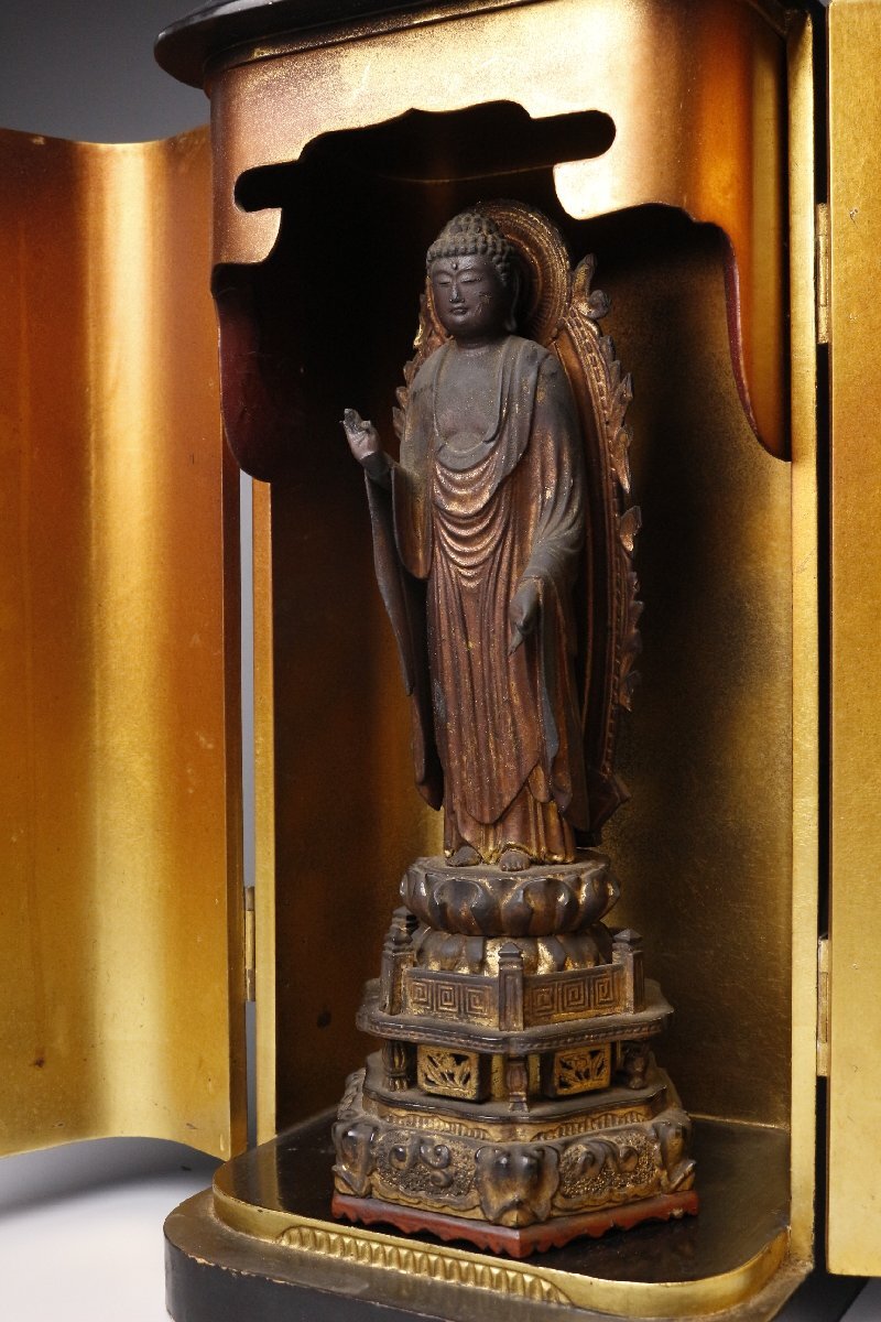 Showa-Era Gilt Wood Standing Amida Buddha in Zushi Shrine — 31.5 cm — Japanese Buddhist Sculpture with Lacquered Gilt Cabinet