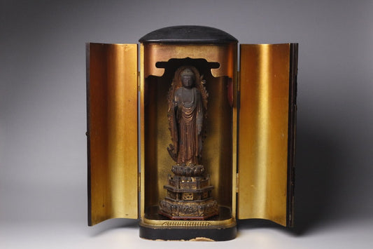 Showa-Era Gilt Wood Standing Amida Buddha in Zushi Shrine — 31.5 cm — Japanese Buddhist Sculpture with Lacquered Gilt Cabinet