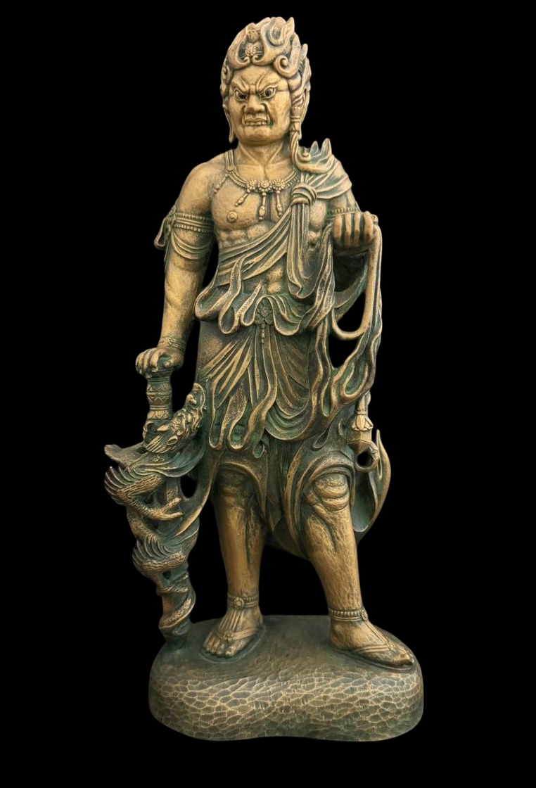 Standing Fudo Myo Bronze Statue by Matsuhisa Sohrin — Japanese Buddhist Guardian Deity with Kiri Box