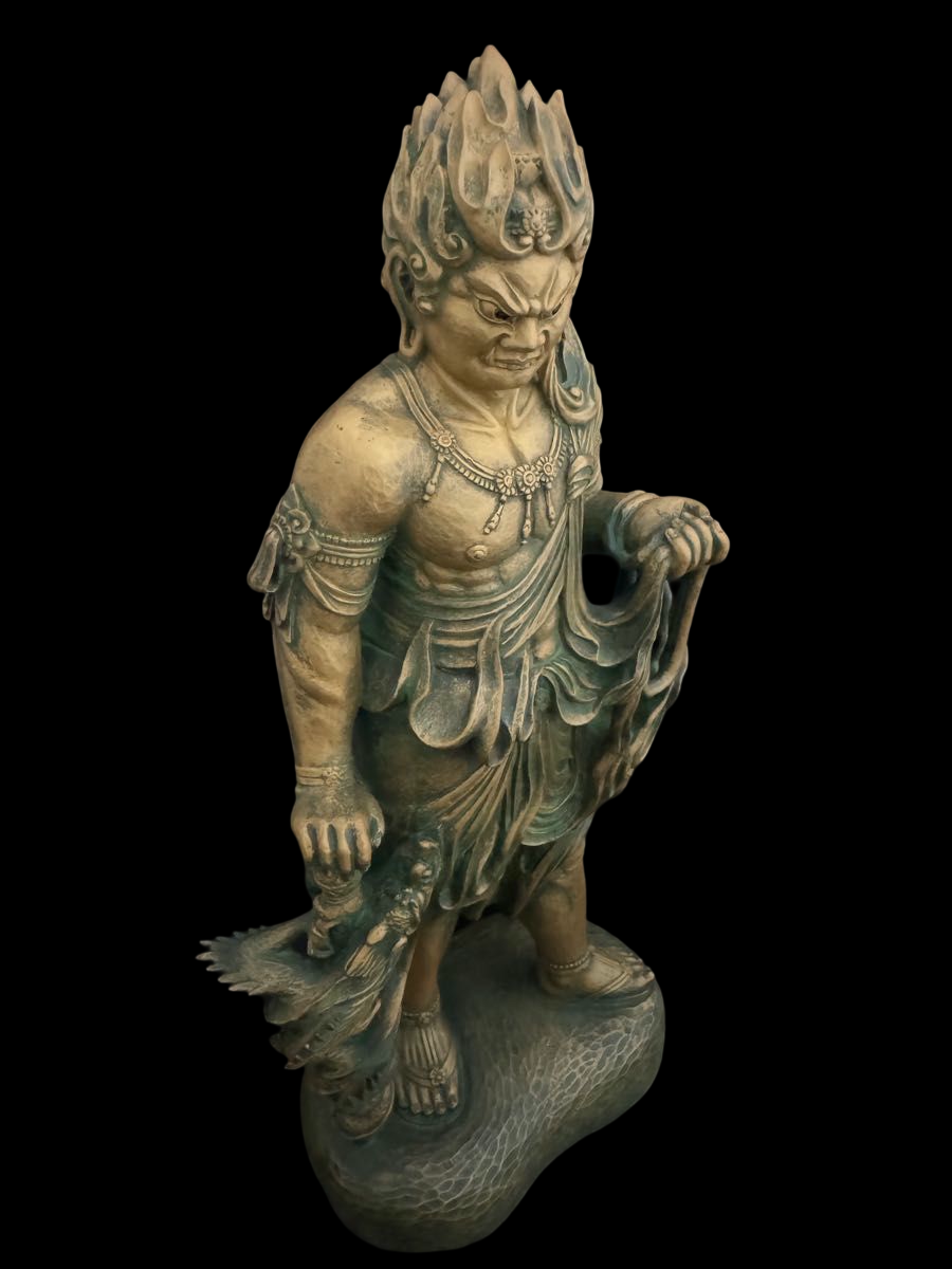 Standing Fudo Myo Bronze Statue by Matsuhisa Sohrin — Japanese Buddhist Guardian Deity with Kiri Box