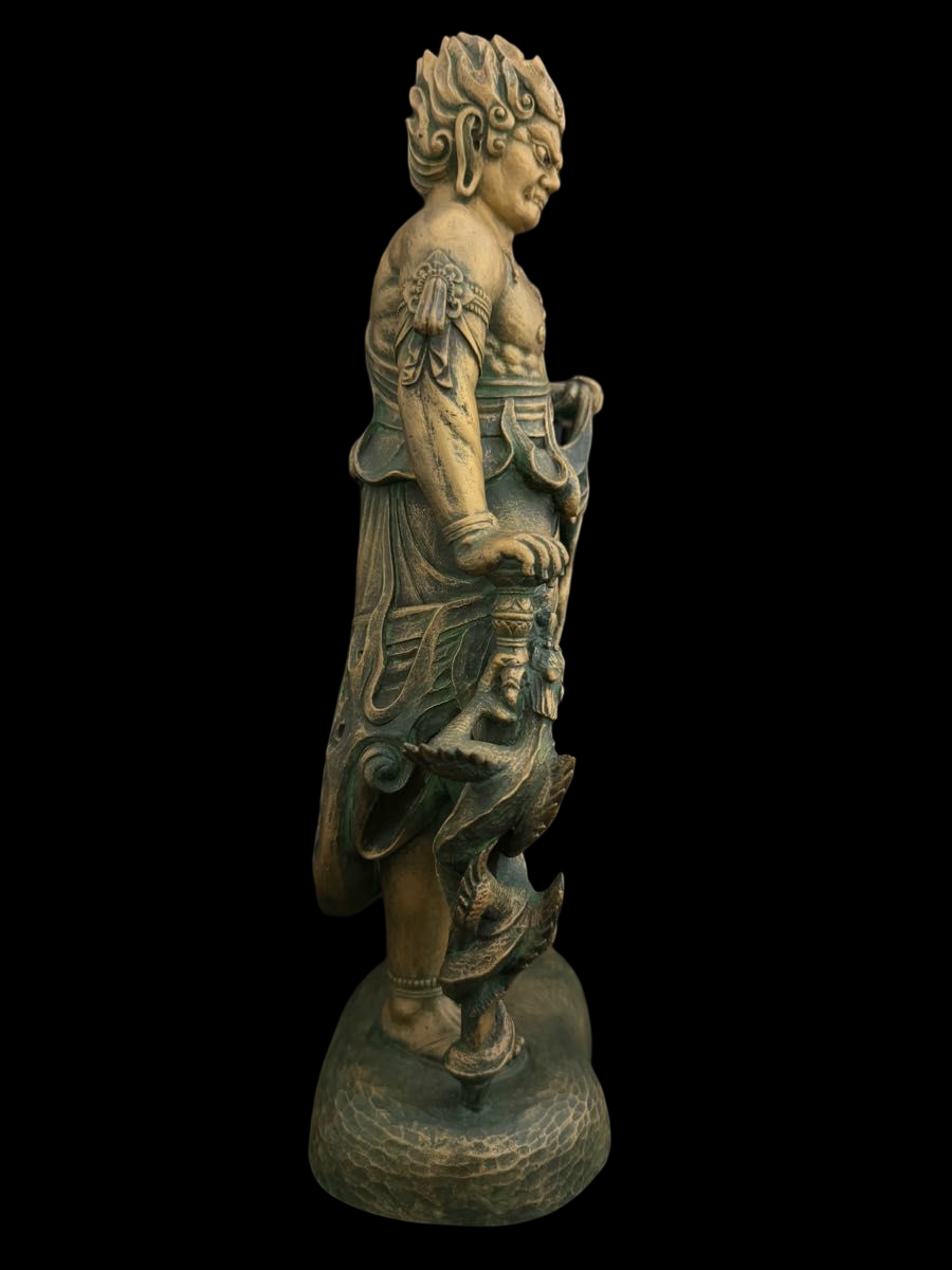Standing Fudo Myo Bronze Statue by Matsuhisa Sohrin — Japanese Buddhist Guardian Deity with Kiri Box