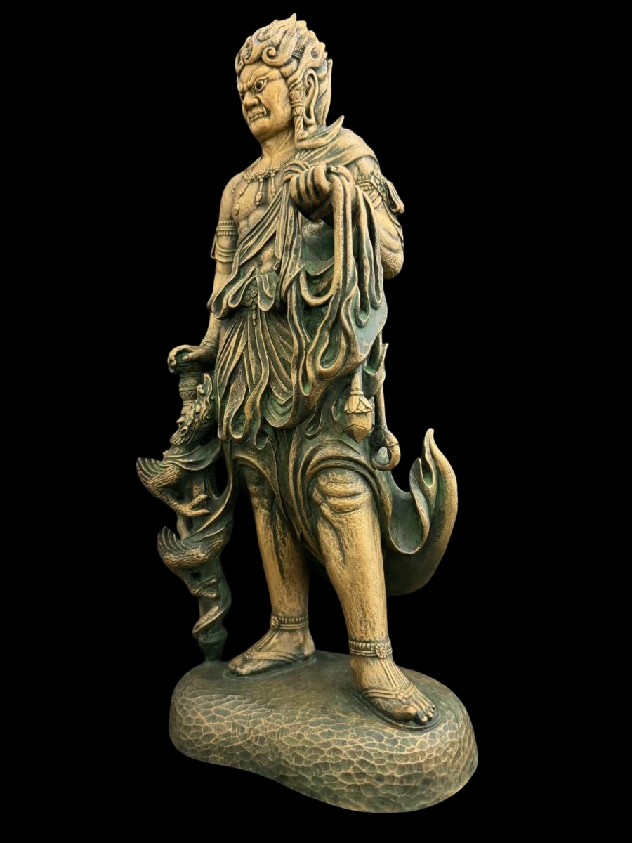 Standing Fudo Myo Bronze Statue by Matsuhisa Sohrin — Japanese Buddhist Guardian Deity with Kiri Box