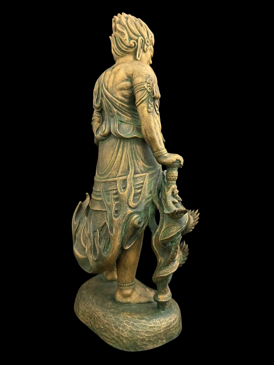 Standing Fudo Myo Bronze Statue by Matsuhisa Sohrin — Japanese Buddhist Guardian Deity with Kiri Box