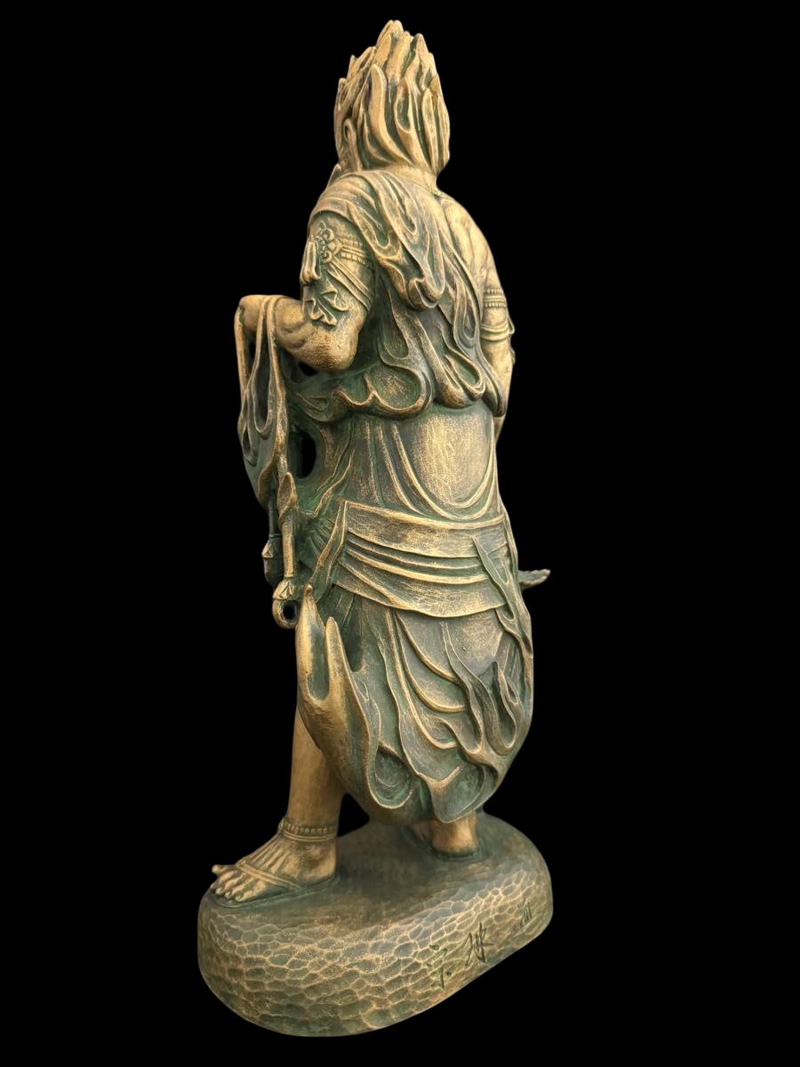 Standing Fudo Myo Bronze Statue by Matsuhisa Sohrin — Japanese Buddhist Guardian Deity with Kiri Box