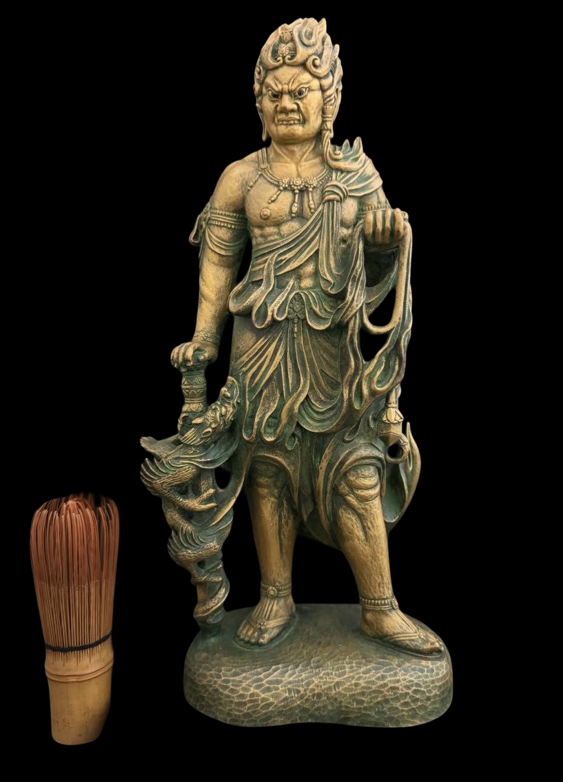 Standing Fudo Myo Bronze Statue by Matsuhisa Sohrin — Japanese Buddhist Guardian Deity with Kiri Box