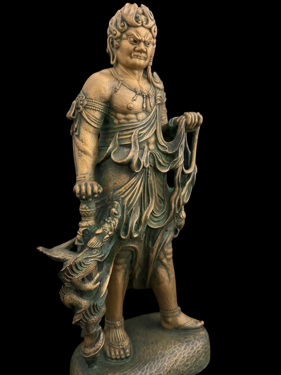 Standing Fudo Myo Bronze Statue by Matsuhisa Sohrin — Japanese Buddhist Guardian Deity with Kiri Box