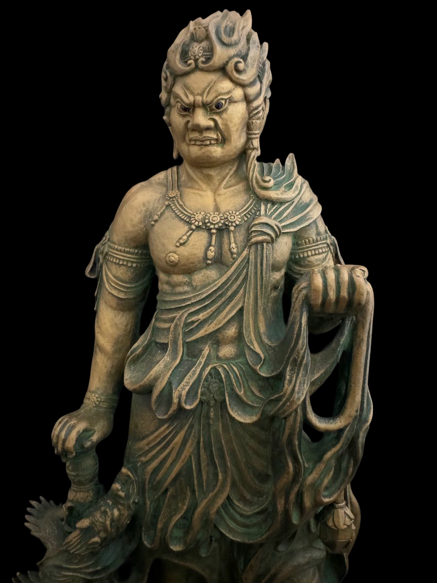 Standing Fudo Myo Bronze Statue by Matsuhisa Sohrin — Japanese Buddhist Guardian Deity with Kiri Box
