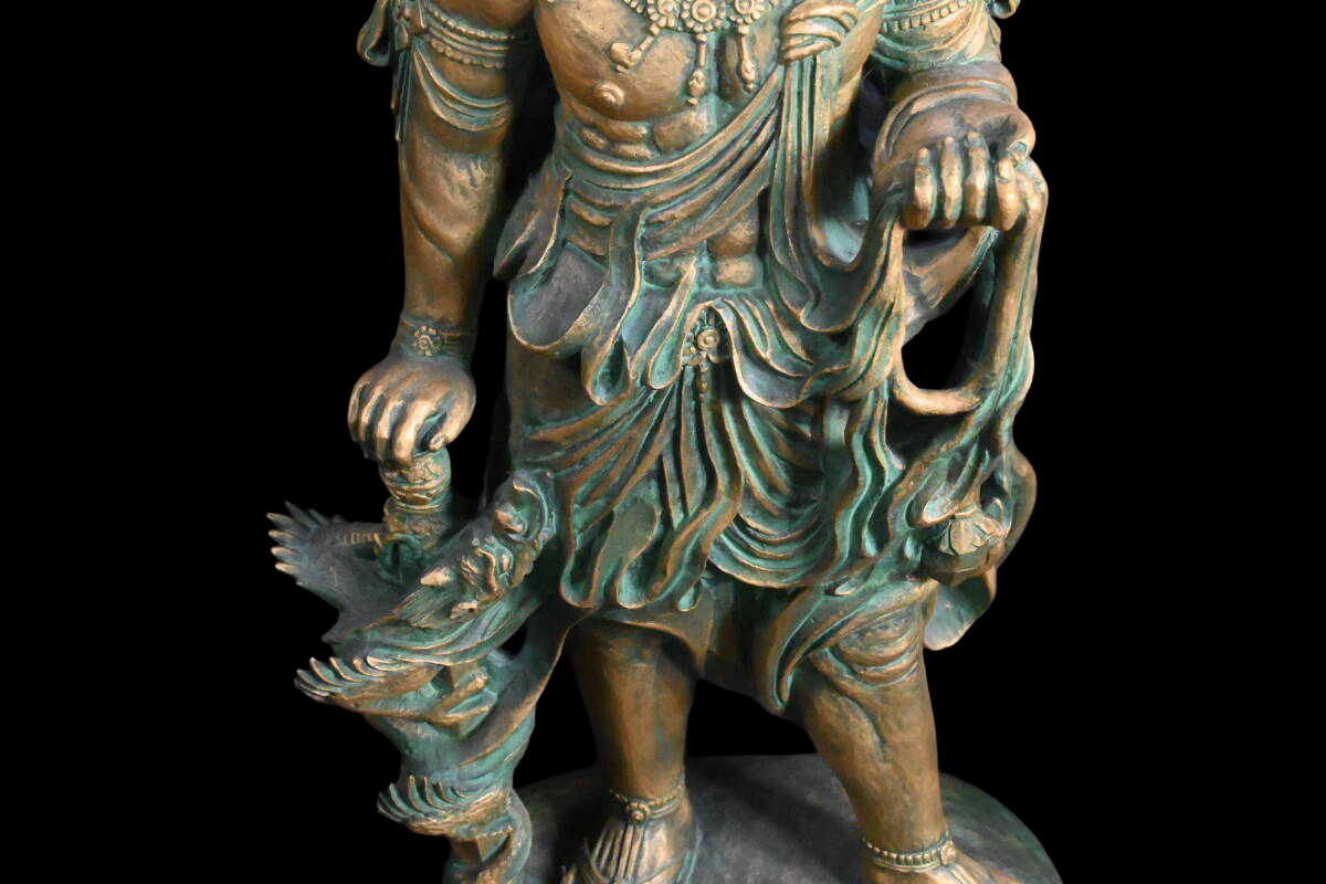 Standing Fudo Myo Bronze Statue by Matsuhisa Sohrin — Japanese Buddhist Guardian Deity with Kiri Box