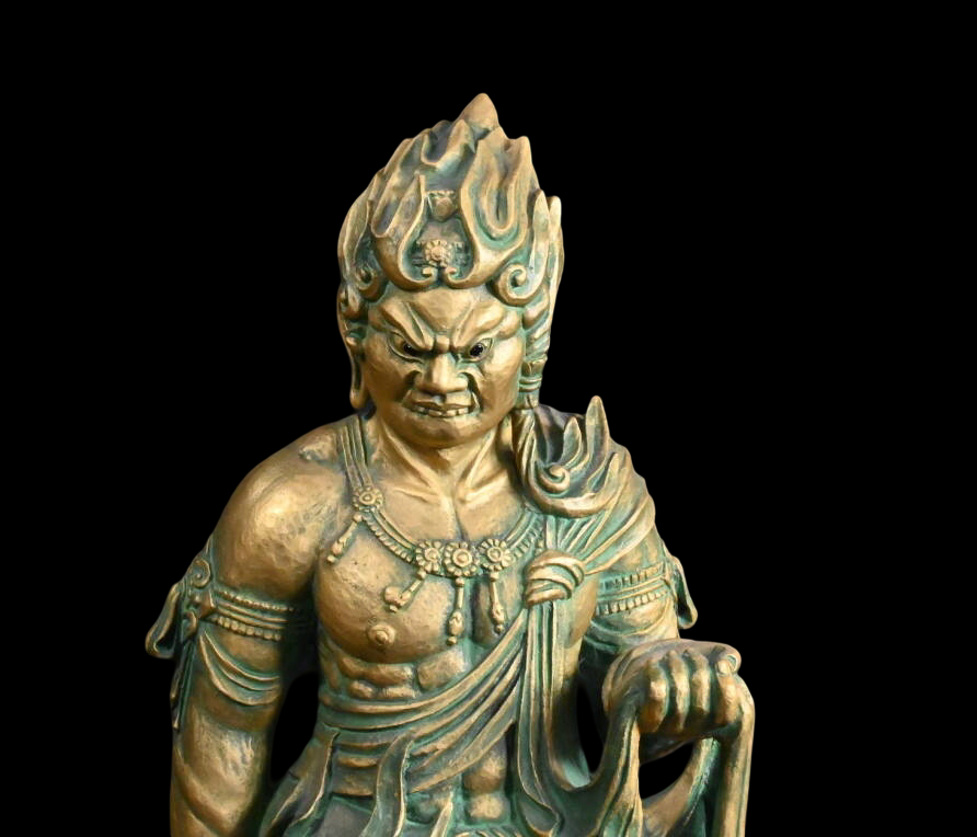 Standing Fudo Myo Bronze Statue by Matsuhisa Sohrin — Japanese Buddhist Guardian Deity with Kiri Box