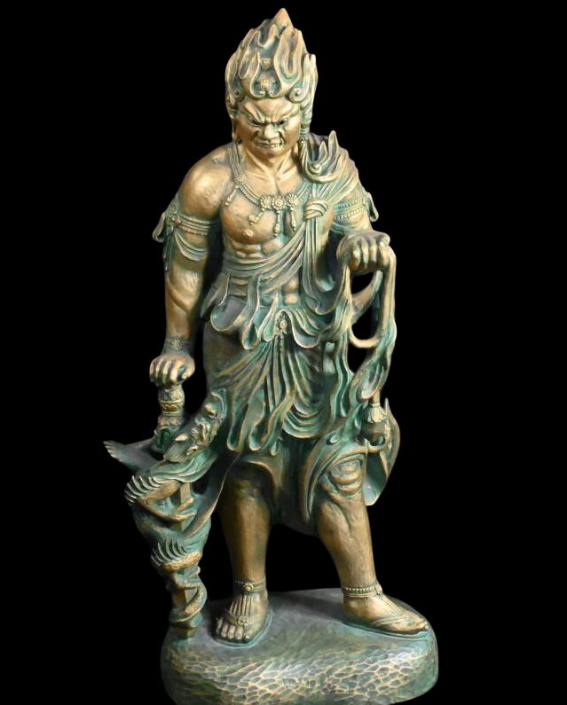 Standing Fudo Myo Bronze Statue by Matsuhisa Sohrin — Japanese Buddhist Guardian Deity with Kiri Box
