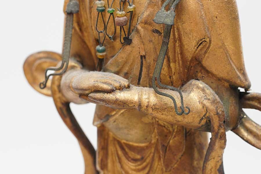 Standing Kannon Bosatsu (Avalokiteshvara) | Edo Period Wooden Statue with Carved Halo Mandorla | Gilt Details, Altar Base | 51 cm