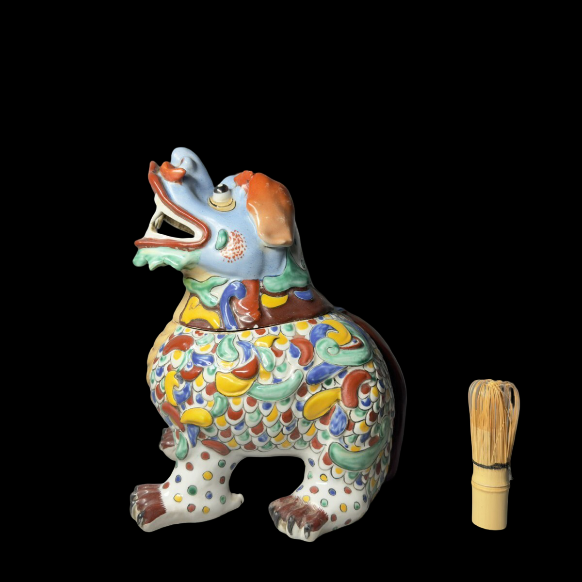 Statement-Scale Polychrome Shishi Incense Burner Okimono — Japanese Ceramic Guardian Lion Koro (~30 cm)