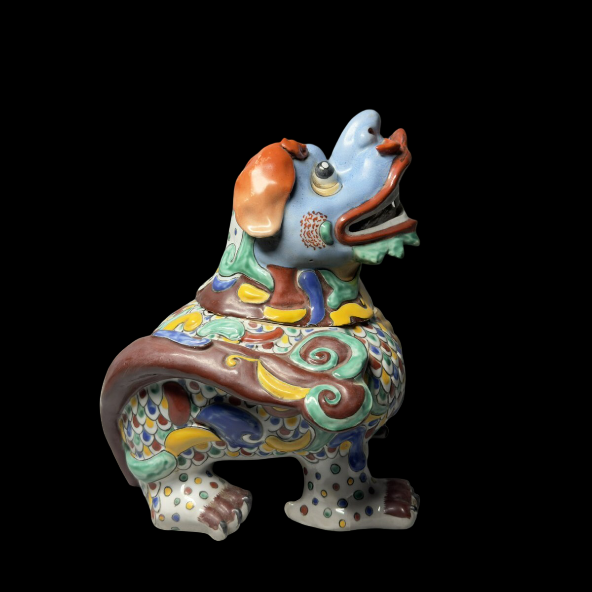 Statement-Scale Polychrome Shishi Incense Burner Okimono — Japanese Ceramic Guardian Lion Koro (~30 cm)