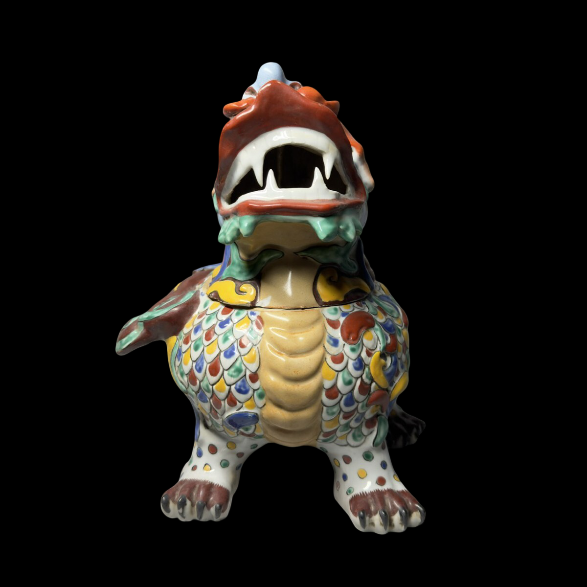 Statement-Scale Polychrome Shishi Incense Burner Okimono — Japanese Ceramic Guardian Lion Koro (~30 cm)