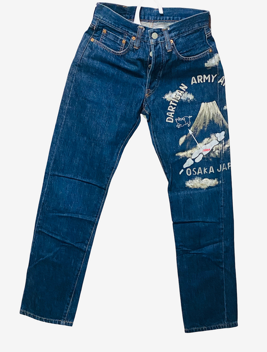 Rare Studio D’Artisan 303 Hand Painted Jeans W28 Japanese Denim Mount Fuji Osaka Pig Art Straight Leg Vintage Workwear