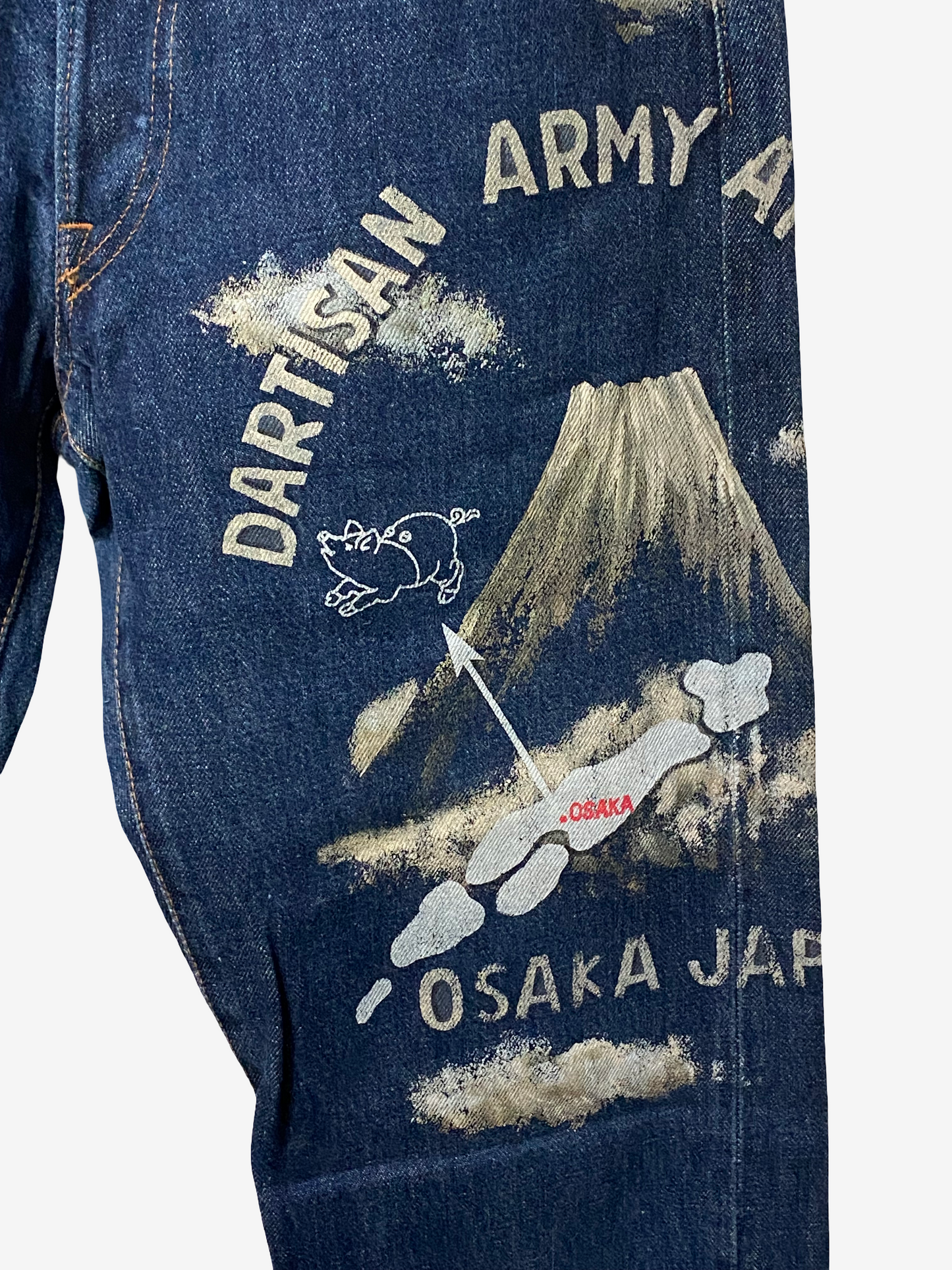 Rare Studio D’Artisan 303 Hand Painted Jeans W28 Japanese Denim Mount Fuji Osaka Pig Art Straight Leg Vintage Workwear