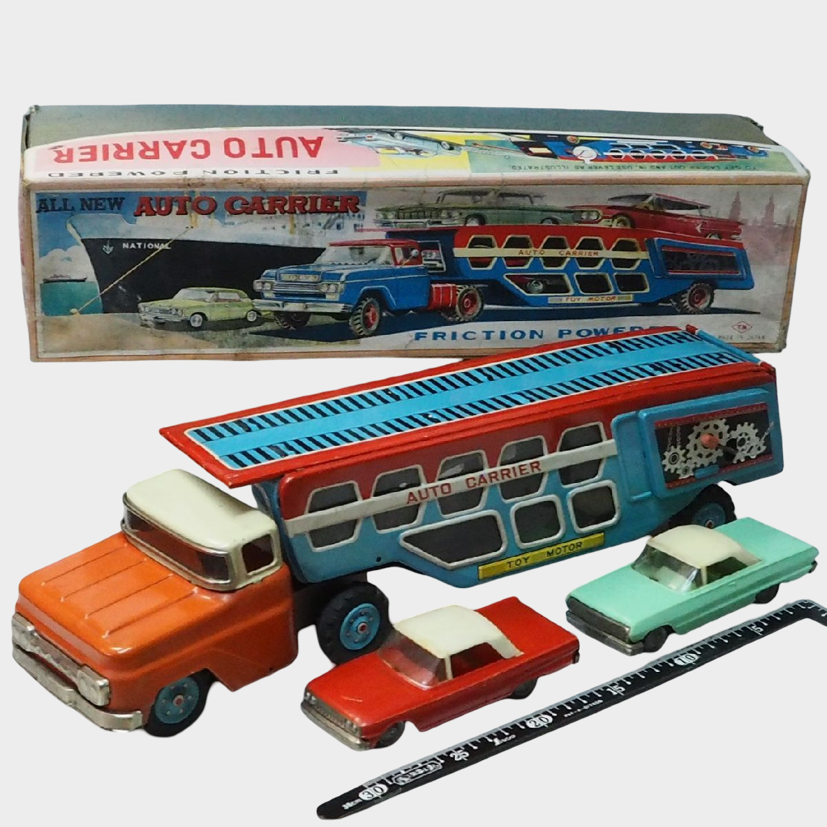 T.N. Nomura All New Auto Carrier Tin Truck with Box — Showa Japanese Transporter Set