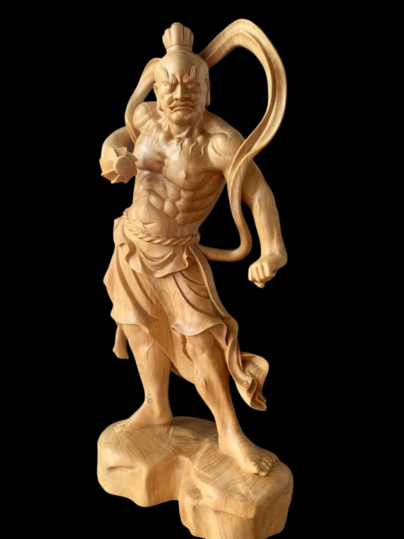 Temple-Carved Hinoki Wood Nio Guardian Figures (Pair) — Muscular Dynamic Form, Hand-Carved, Approx. 20 cm