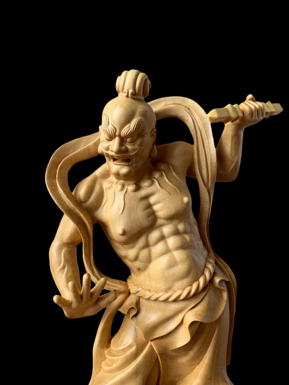 Temple-Carved Hinoki Wood Nio Guardian Figures (Pair) — Muscular Dynamic Form, Hand-Carved, Approx. 20 cm