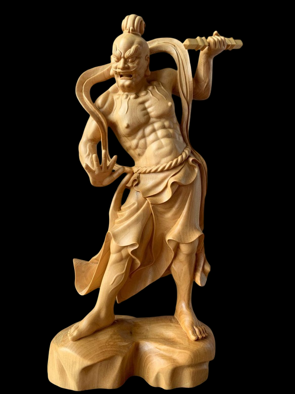 Temple-Carved Hinoki Wood Nio Guardian Figures (Pair) — Muscular Dynamic Form, Hand-Carved, Approx. 20 cm