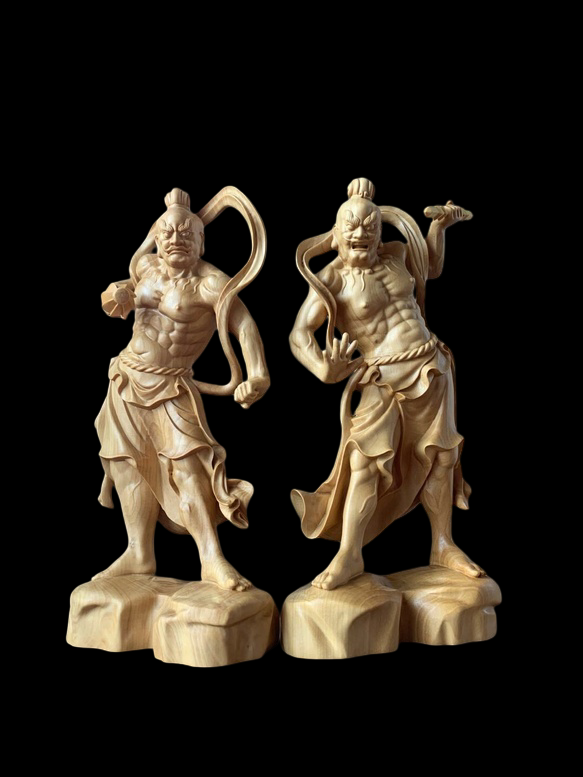 Temple-Carved Hinoki Wood Nio Guardian Figures (Pair) — Muscular Dynamic Form, Hand-Carved, Approx. 20 cm