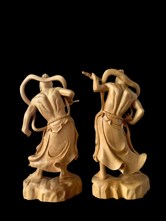 Temple-Carved Hinoki Wood Nio Guardian Figures (Pair) — Muscular Dynamic Form, Hand-Carved, Approx. 20 cm