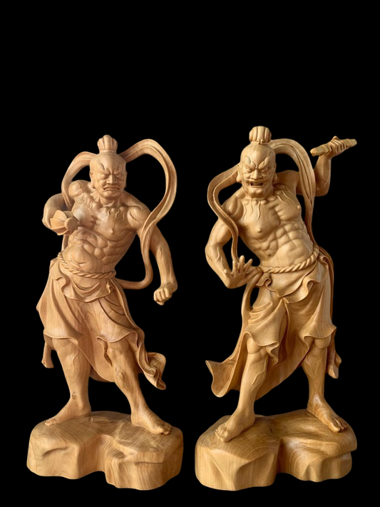 Temple-Carved Hinoki Wood Nio Guardian Figures (Pair) — Muscular Dynamic Form, Hand-Carved, Approx. 20 cm