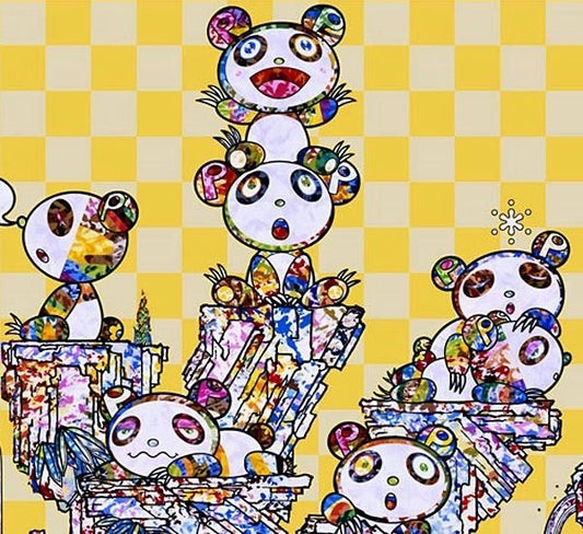 Takashi Murakami "Panda Cubs Pandas" Tableau Print Yellow Checkerboard Rare Multicolor Scene Composition Contemporary Art Wall Work