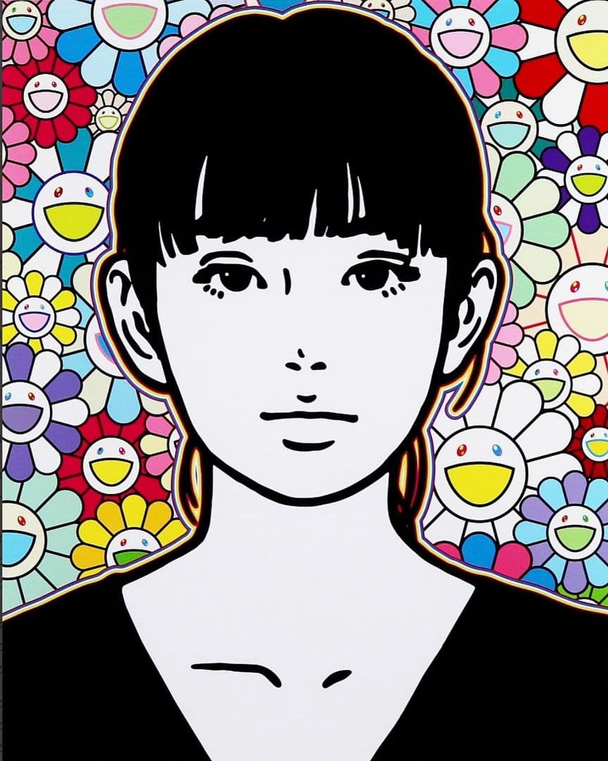 Framed KYNE x Takashi Murakami Style Portrait Print Superflat Flowers Framed Contemporary Japanese Art Inspired Piece