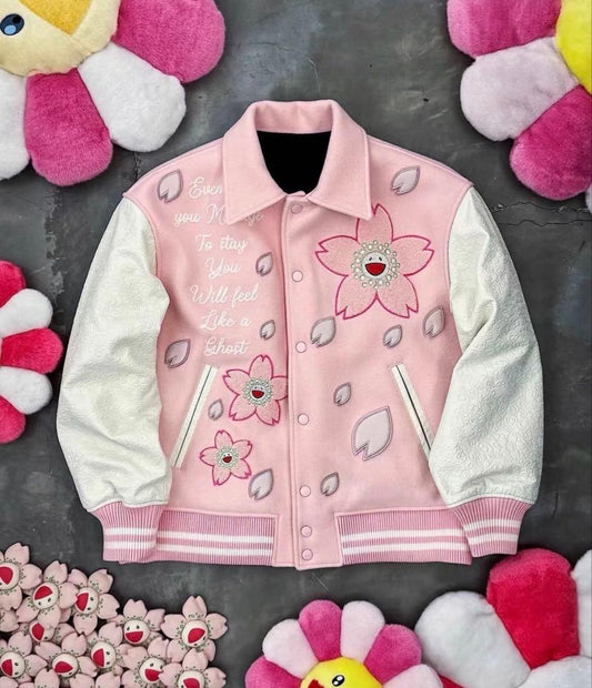 Takashi Murakami x Saint Mxxxxxx Cherry Blossom Varsity Jacket Pink Flower Smile Rare Collector Streetwear Piece Size S