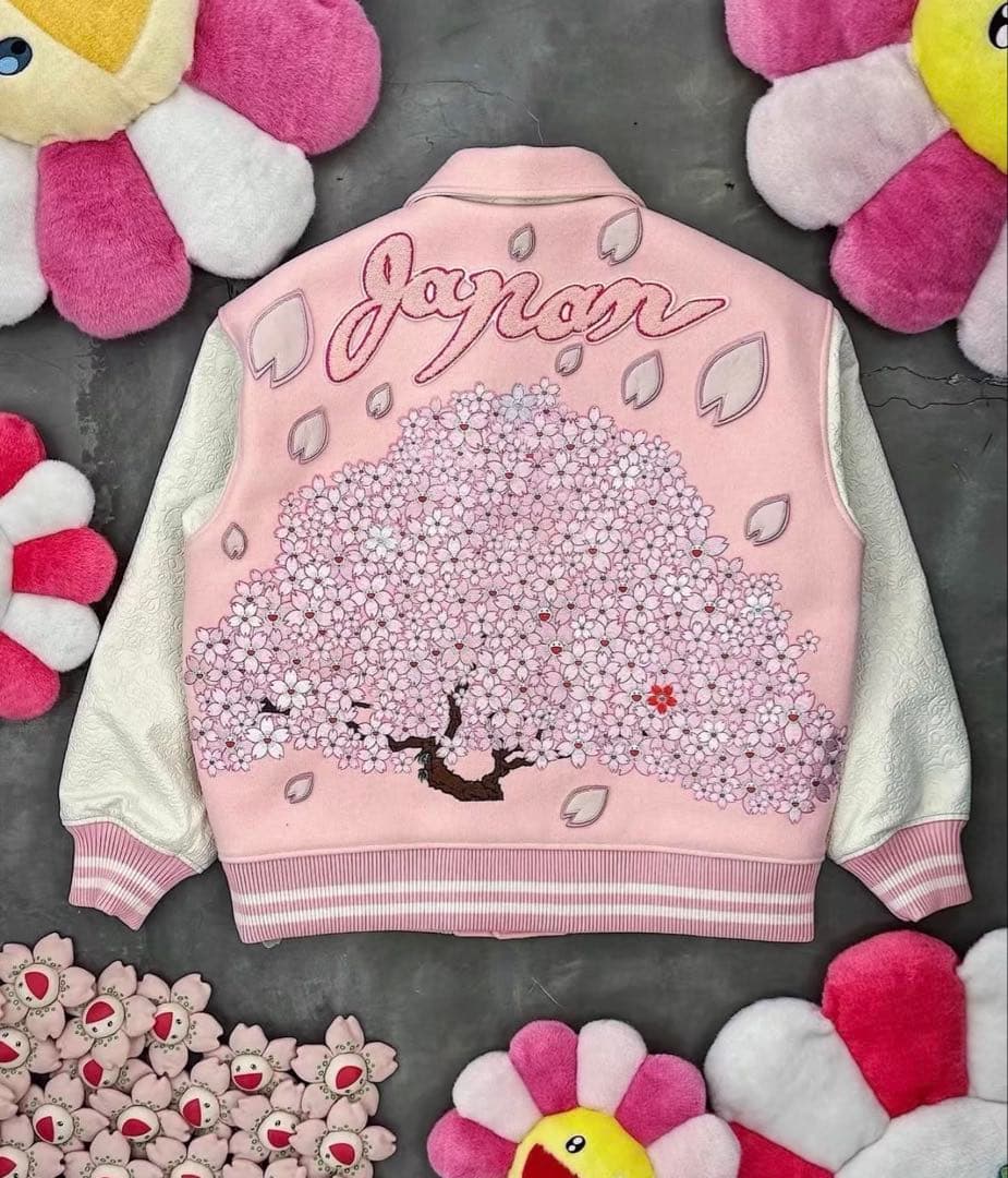 Takashi Murakami x Saint Mxxxxxx Cherry Blossom Varsity Jacket Pink Flower Smile Rare Collector Streetwear Piece Size S
