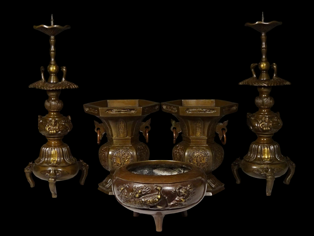 Temple-Grade Five-Piece Buddhist Altar Implement Set (Gogusoku) — Heavy Cast Metal, Complete Matched Ensemble