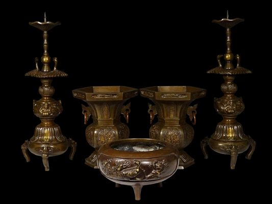 Temple-Grade Five-Piece Buddhist Altar Implement Set (Gogusoku) — Heavy Cast Metal, Complete Matched Ensemble