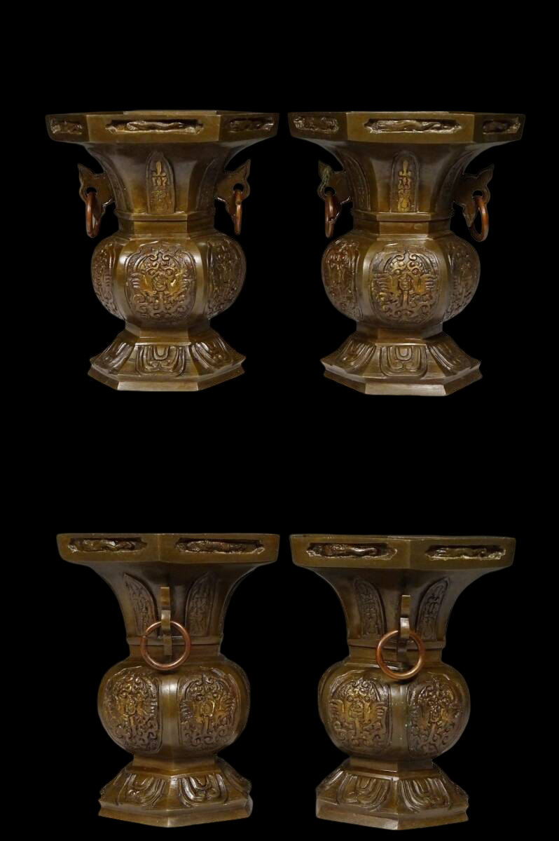 Temple-Grade Five-Piece Buddhist Altar Implement Set (Gogusoku) — Heavy Cast Metal, Complete Matched Ensemble