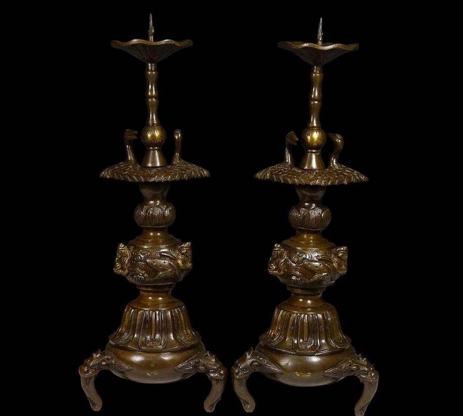 Temple-Grade Five-Piece Buddhist Altar Implement Set (Gogusoku) — Heavy Cast Metal, Complete Matched Ensemble