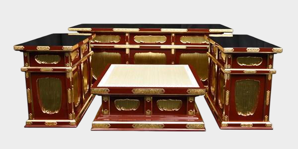 Temple-Grade Lacquer Altar Furniture Set (4-Piece) — Vermilion Cabinetry with Gold-Tone Fittings, 3.5-Scale Platform Configuration