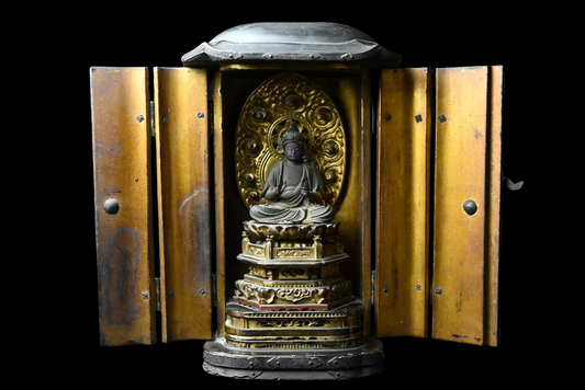 Temple-Withdrawn Seated Kannon Bosatsu in Portable Zushi — Late Edo to Early Meiji Wooden Devotional Icon (16.8 cm figure)