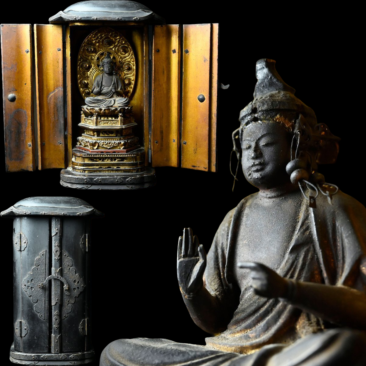 Temple-Withdrawn Seated Kannon Bosatsu in Portable Zushi — Late Edo to Early Meiji Wooden Devotional Icon (16.8 cm figure)