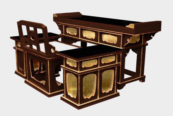Temple Altar Furniture Ensemble — Lacquered Front Altar Table + Chair-Form Kyoroku + Pair of Side Desks — Domestic Artisan Workshop (Custom-Made) — Gilt Fittings, Ritual Architecture Scale