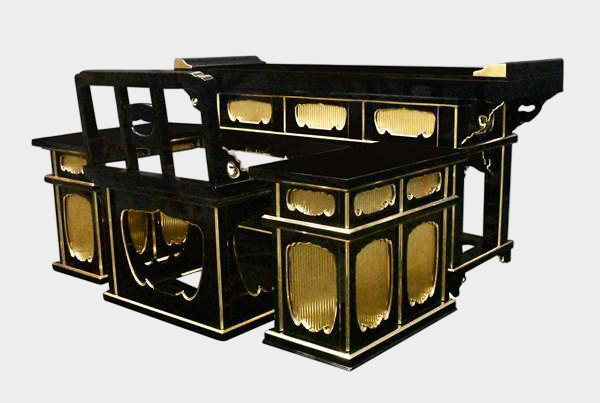 Temple Altar Furniture Ensemble — Lacquered Front Altar Table + Chair-Form Kyoroku + Pair of Side Desks — Domestic Artisan Workshop (Custom-Made) — Gilt Fittings, Ritual Architecture Scale