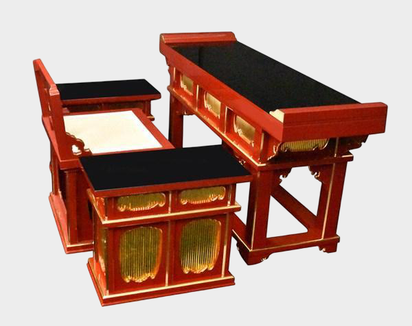 Temple Altar Furniture Ensemble — Lacquered Front Altar Table + Chair-Form Kyoroku + Pair of Side Desks — Domestic Artisan Workshop (Custom-Made) — Gilt Fittings, Ritual Architecture Scale
