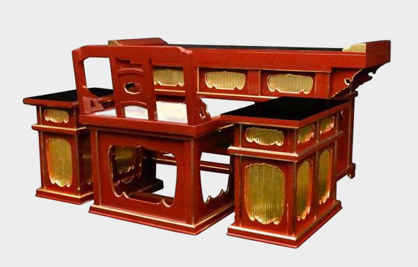 Temple Altar Furniture Ensemble — Lacquered Front Altar Table + Chair-Form Kyoroku + Pair of Side Desks — Domestic Artisan Workshop (Custom-Made) — Gilt Fittings, Ritual Architecture Scale