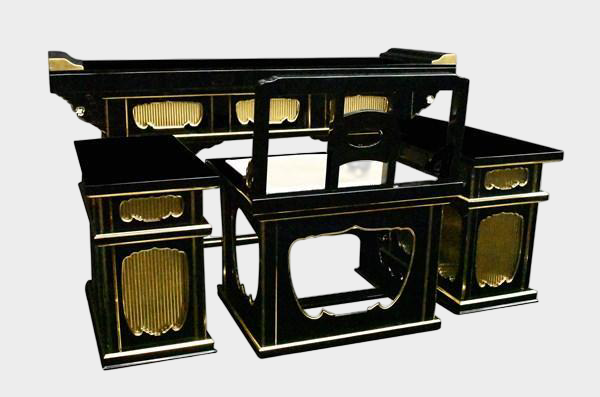 Temple Altar Furniture Ensemble — Lacquered Front Altar Table + Chair-Form Kyoroku + Pair of Side Desks — Domestic Artisan Workshop (Custom-Made) — Gilt Fittings, Ritual Architecture Scale