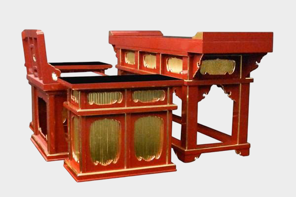 Temple Altar Furniture Ensemble — Lacquered Front Altar Table + Chair-Form Kyoroku + Pair of Side Desks — Domestic Artisan Workshop (Custom-Made) — Gilt Fittings, Ritual Architecture Scale
