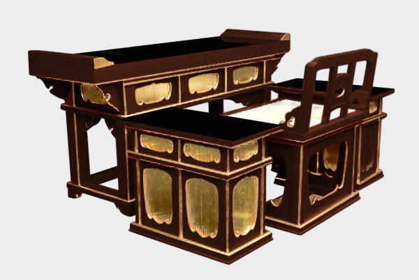 Temple Altar Furniture Ensemble — Lacquered Front Altar Table + Chair-Form Kyoroku + Pair of Side Desks — Domestic Artisan Workshop (Custom-Made) — Gilt Fittings, Ritual Architecture Scale